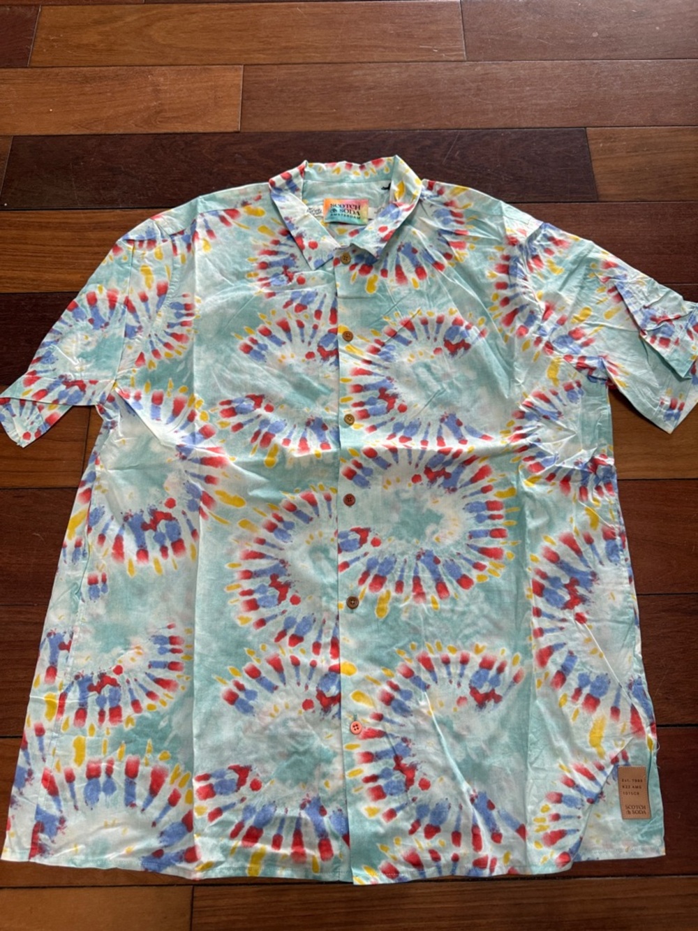 Scotch & Soda Men's Teal Tie-Dye Short-Sleeve Button-Up Shirt